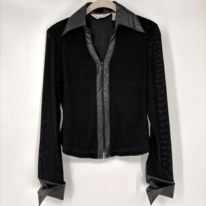 Vintage Ravel Black Textured Mesh‎ Top Sz S Faux Leather Accents Zip Front Y2K